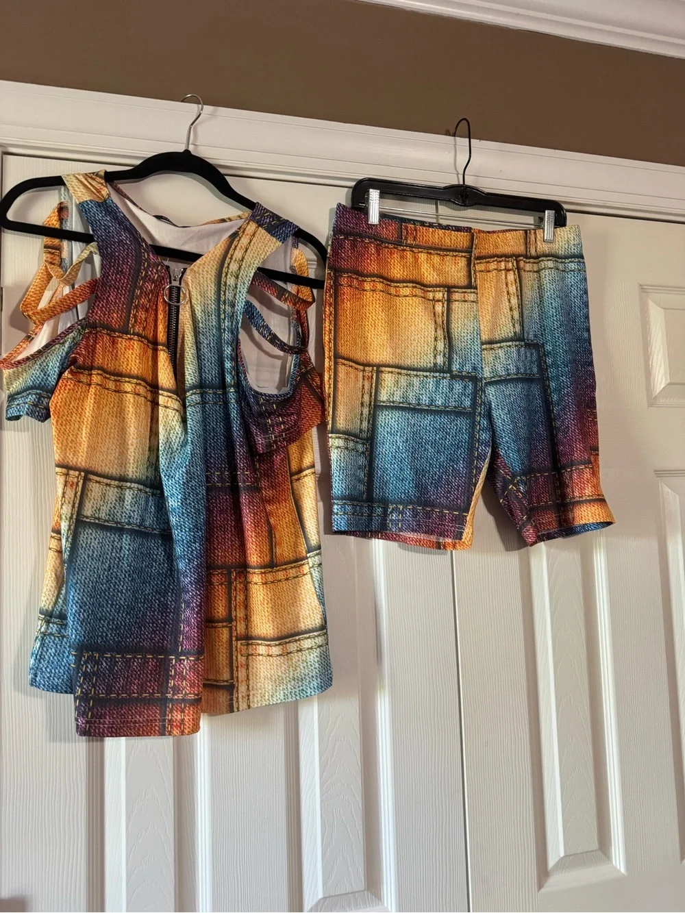 Vibrant Patchwork Print Cold-Shoulder Top with Matching Shorts